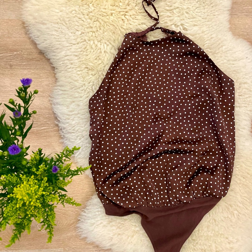 Abercrombie Silk Lace Back Halter Bodysuit Polkadots